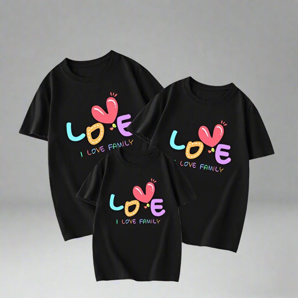Family matching t-shirts with bright 'Love' graphic, perfect for family bonding