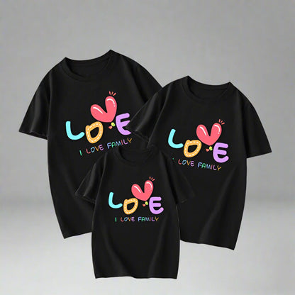 Family matching t-shirts with bright 'Love' graphic, perfect for family bonding