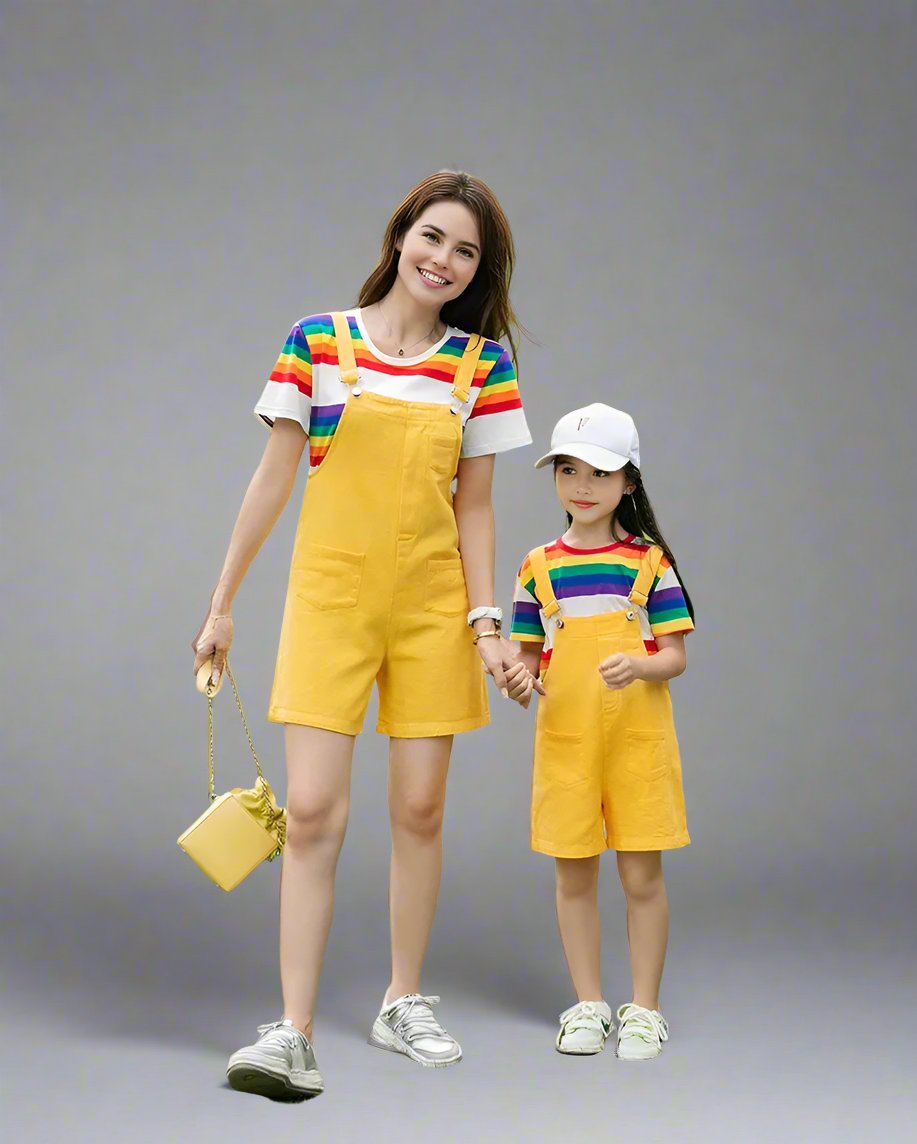Vibrant family summer outfits with rainbow-striped shirts and yellow accents, ideal for family outings - matching top for family
