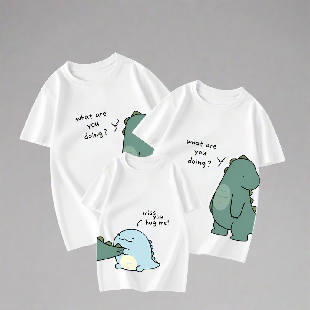 Playful family t-shirts with dinosaur graphics and funny conversation text