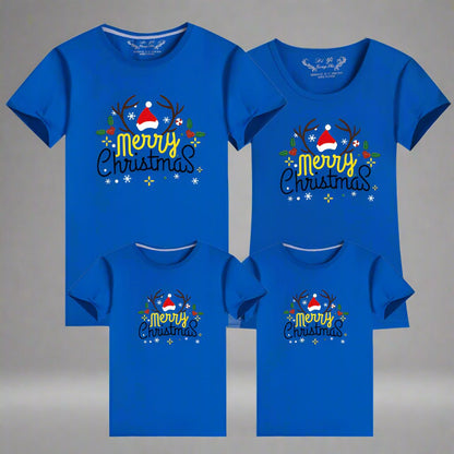 Stylish blue family Christmas shirts featuring reindeer antlers, Santa hat, and holly graphics