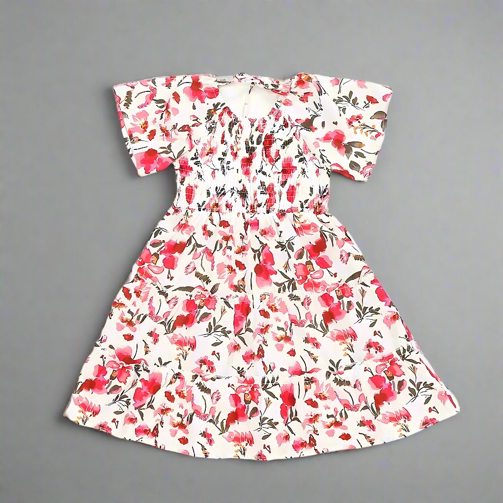 Matching floral dresses for mom and daughter, styled for a summer walk