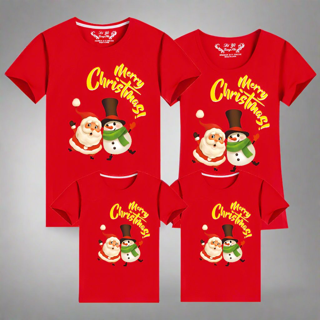 Matching red holiday shirts for families with Santa and snowman illustration