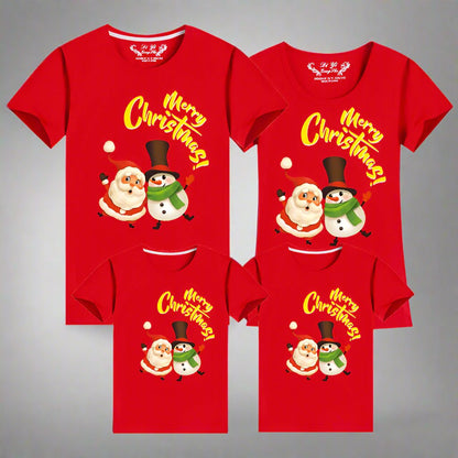 Matching red holiday shirts for families with Santa and snowman illustration