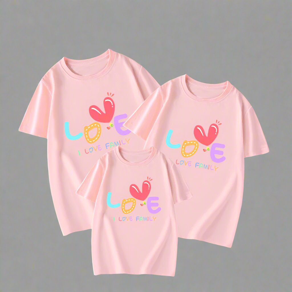 Family t-shirts with 'Love' and 'I Love Family' graphic, cheerful and colorful