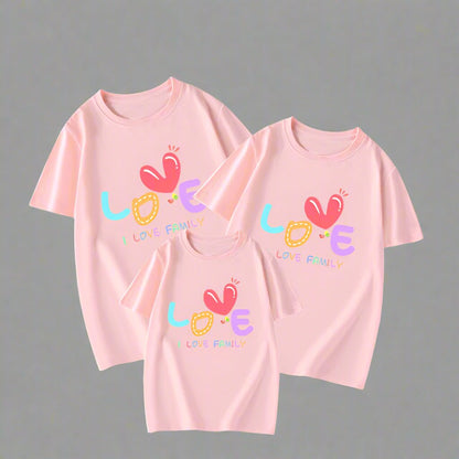 Family t-shirts with 'Love' and 'I Love Family' graphic, cheerful and colorful