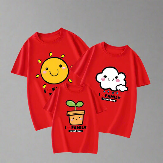 Family matching shirts in red, blue, pink, and black with cute sun, cloud, and plant designs