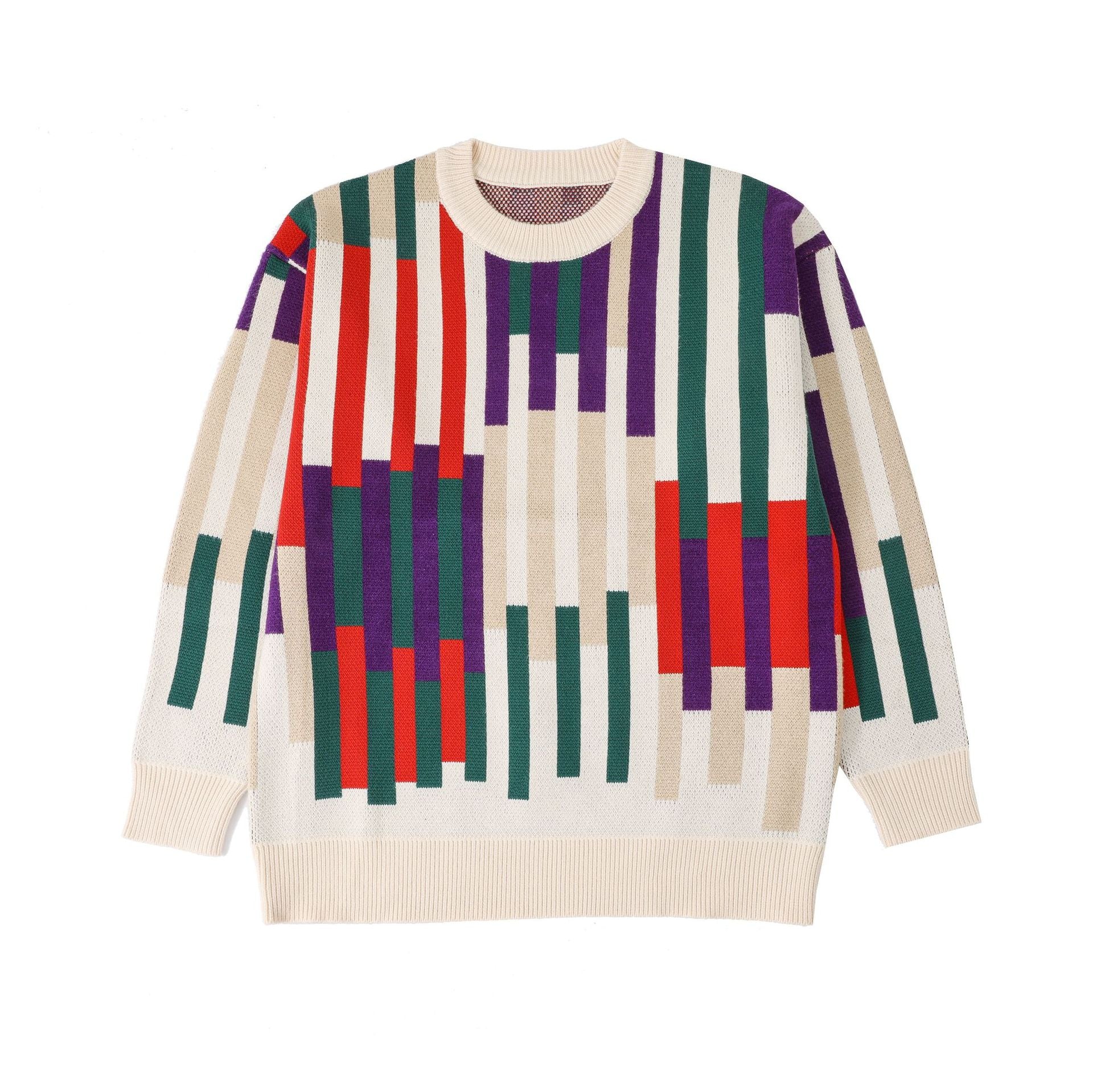 Boy and girl siblings dressed in matching colorful knit sweaters, ideal for coordinating family fashion