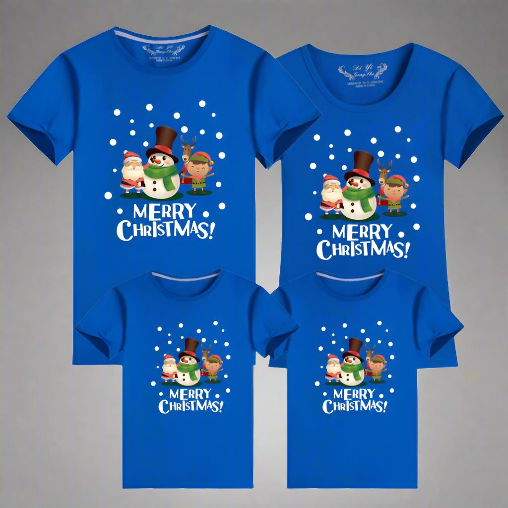 Family Christmas t-shirts in blue featuring a snowman, Santa, and festive holiday graphics