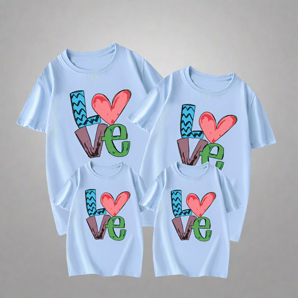 Bold and colorful LOVE-themed family shirts in red, blue, white, and black