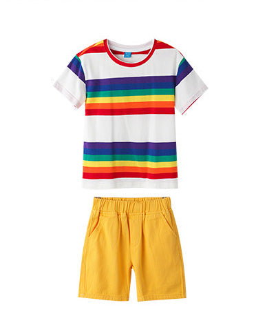 Father, mother, son, and daughter in matching rainbow and yellow-themed outfits, showcasing family unit - matching top for family