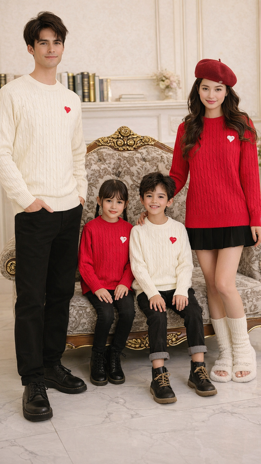 Product image of family matching sweaters with heart print