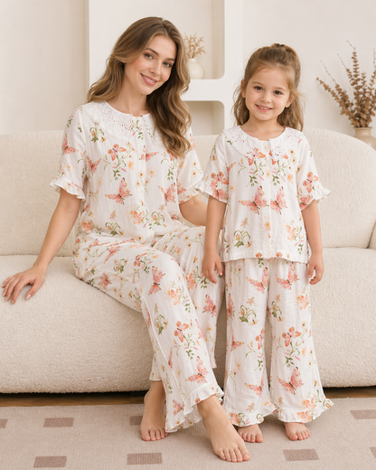 Fluttering Butterflies Mommy and Me Pajamas — Short-Sleeve Set in Beige