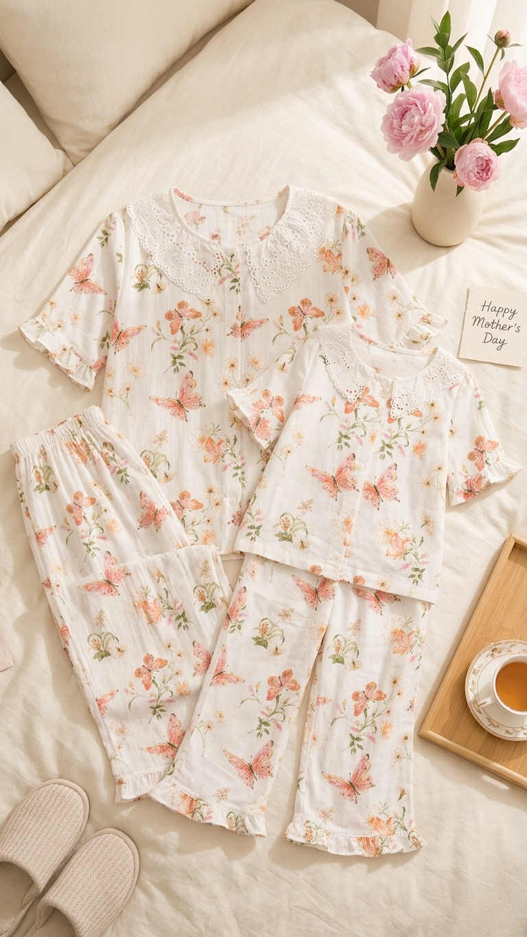 Fluttering Butterflies Mommy and Me Pajamas — Short-Sleeve Set in Beige photo 2