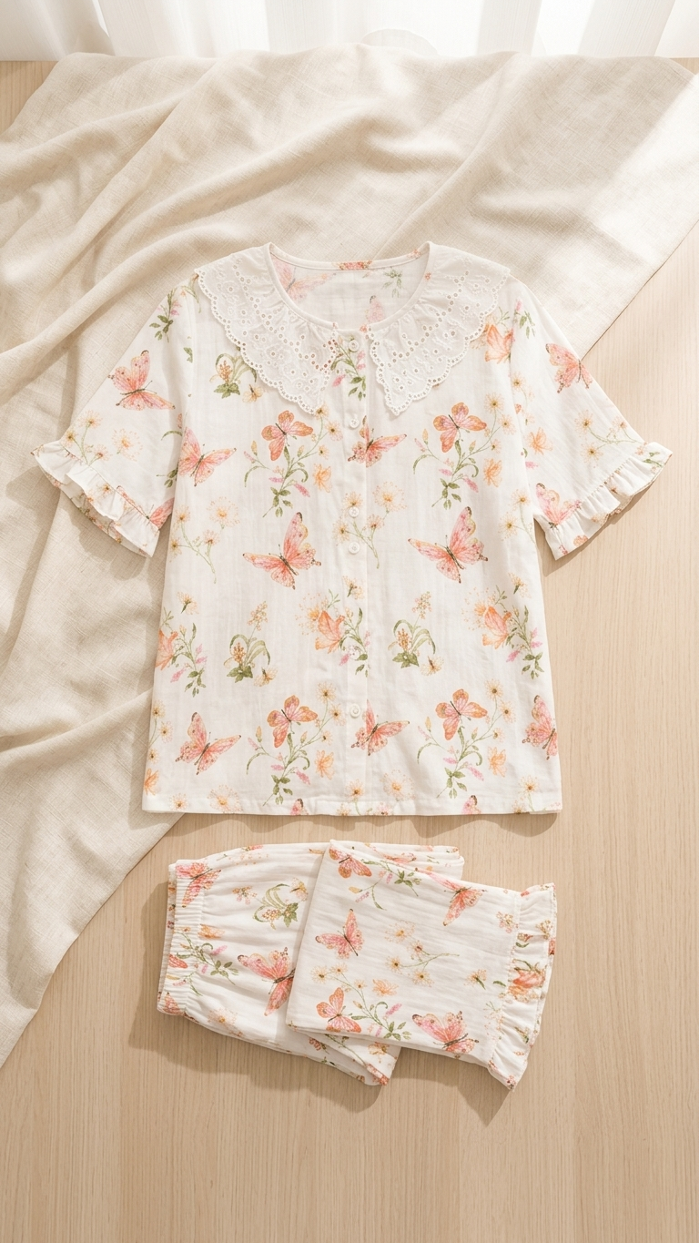 Fluttering Butterflies Mommy and Me Pajamas — Short-Sleeve Set in Beige photo 3