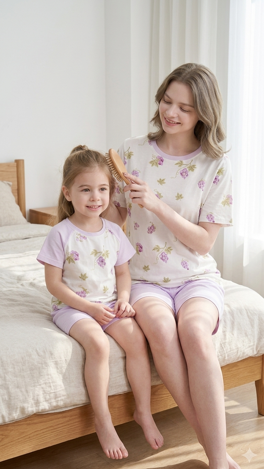 Grape Vineyard Mommy and Me Pajamas — Short-Sleeve Set in Floral photo 4