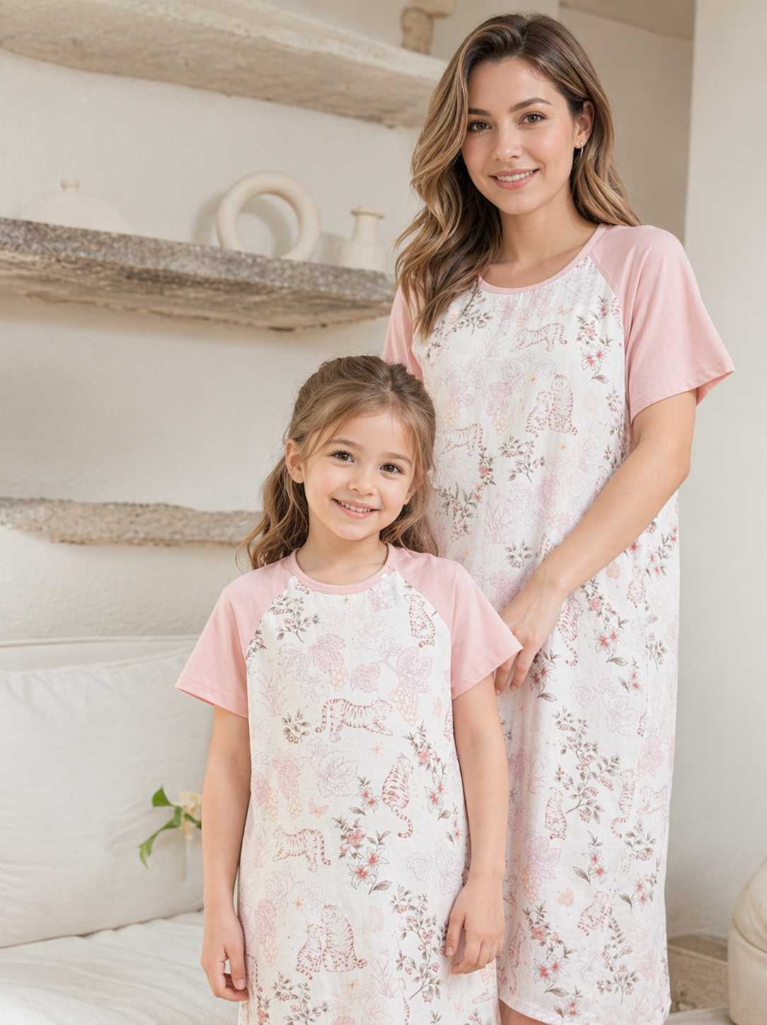 Grapevine Mommy and Me Pajamas — Short-Sleeve Set in Beige