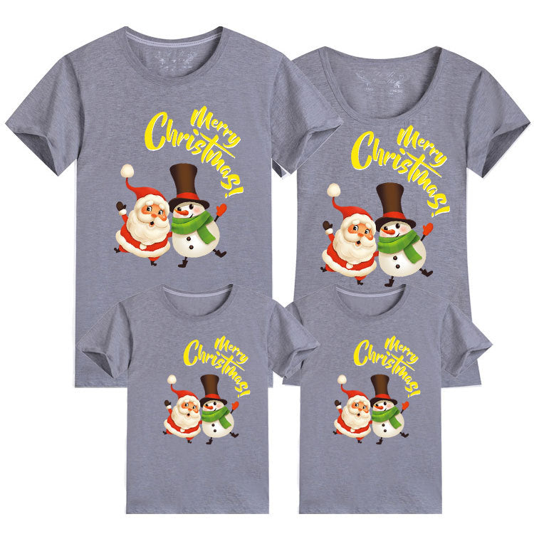 Gray family t-shirt set with cheerful Merry Christmas text and festive characters