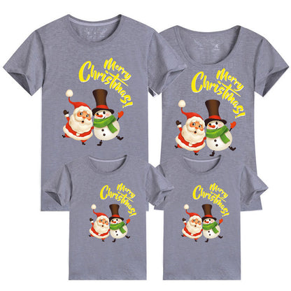 Gray family t-shirt set with cheerful Merry Christmas text and festive characters