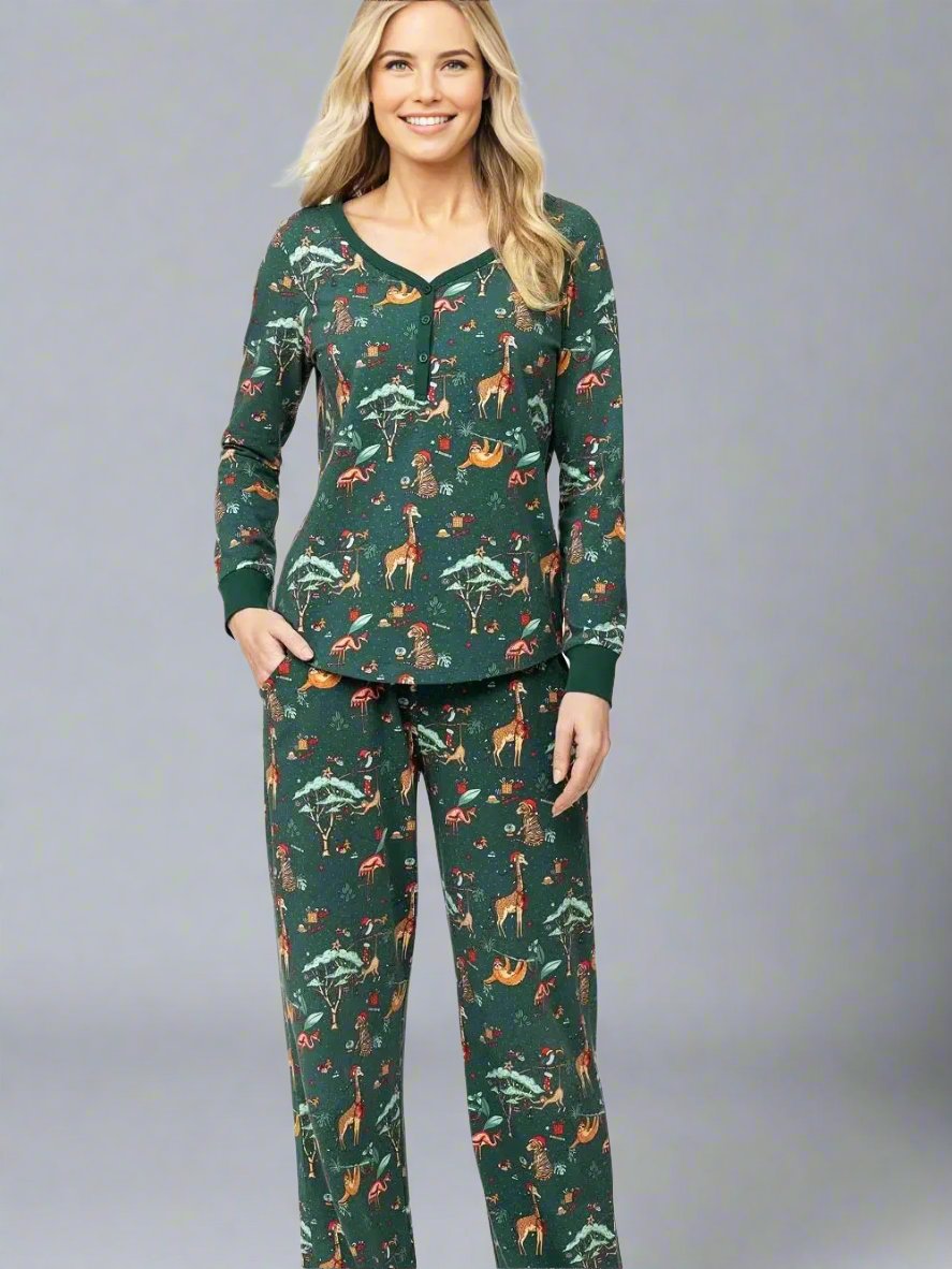 Cozy family pajama set with forest animal design, perfect for holiday gatherings