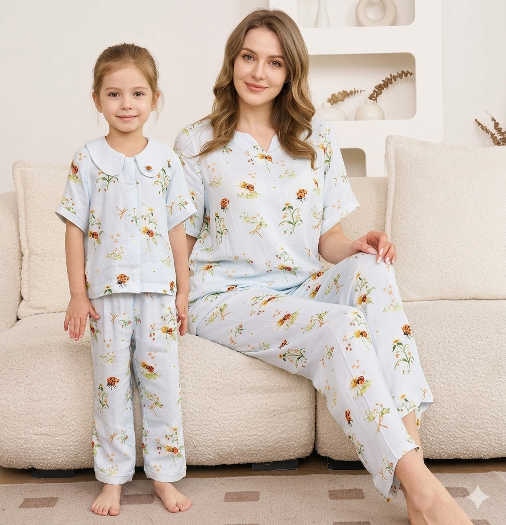 Mom and daughter in matching Ladybug Dots bamboo-cotton gauze pajamas with tiny ladybugs, wildflowers, and dragonflies, seated together on a