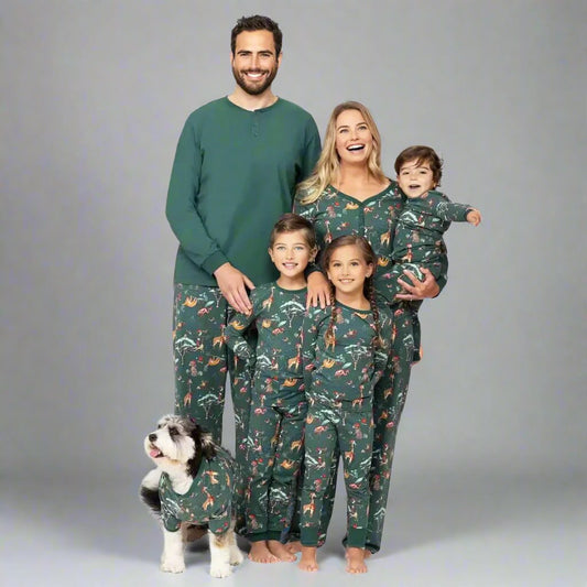 Festive family pajamas with forest theme and animal prints in green