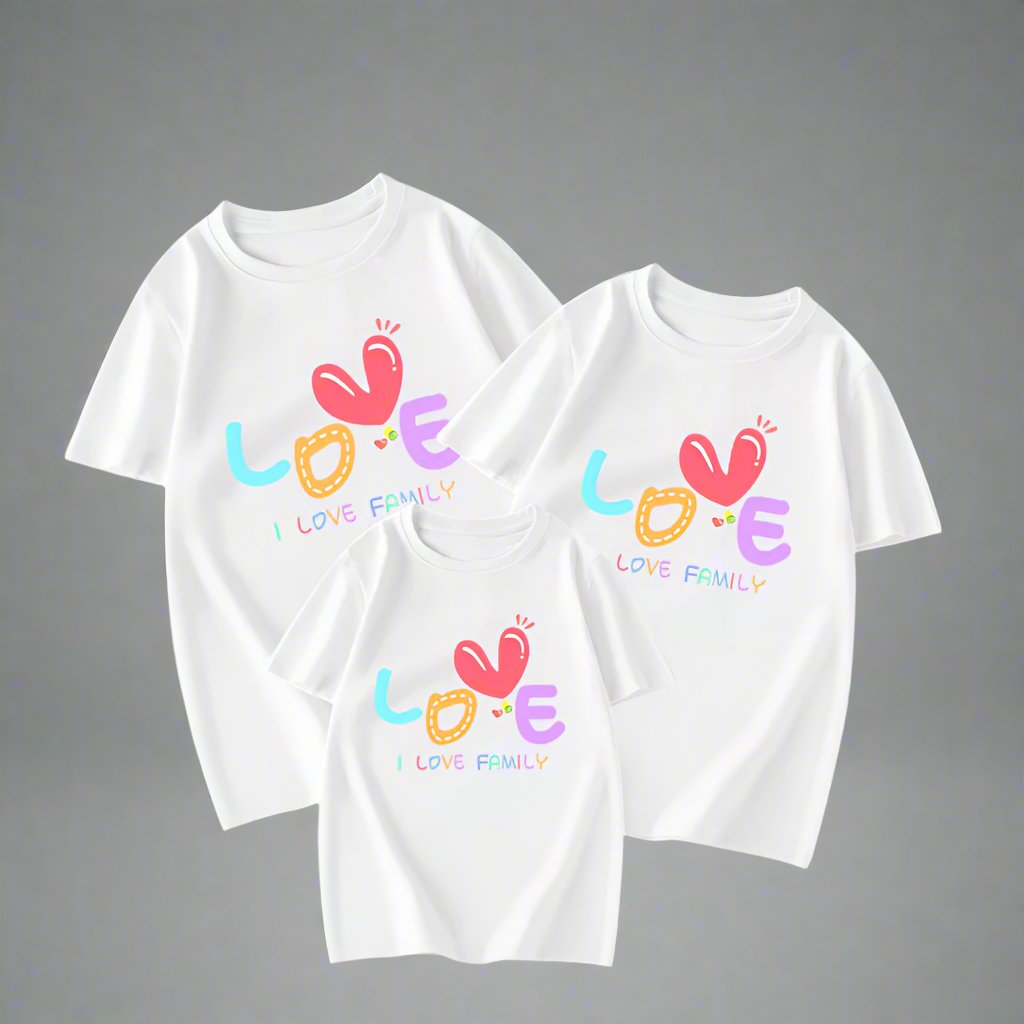 white family shirts with 'Love' design and 'I Love Family' text in multiple colors