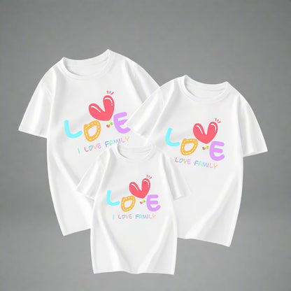 white family shirts with 'Love' design and 'I Love Family' text in multiple colors