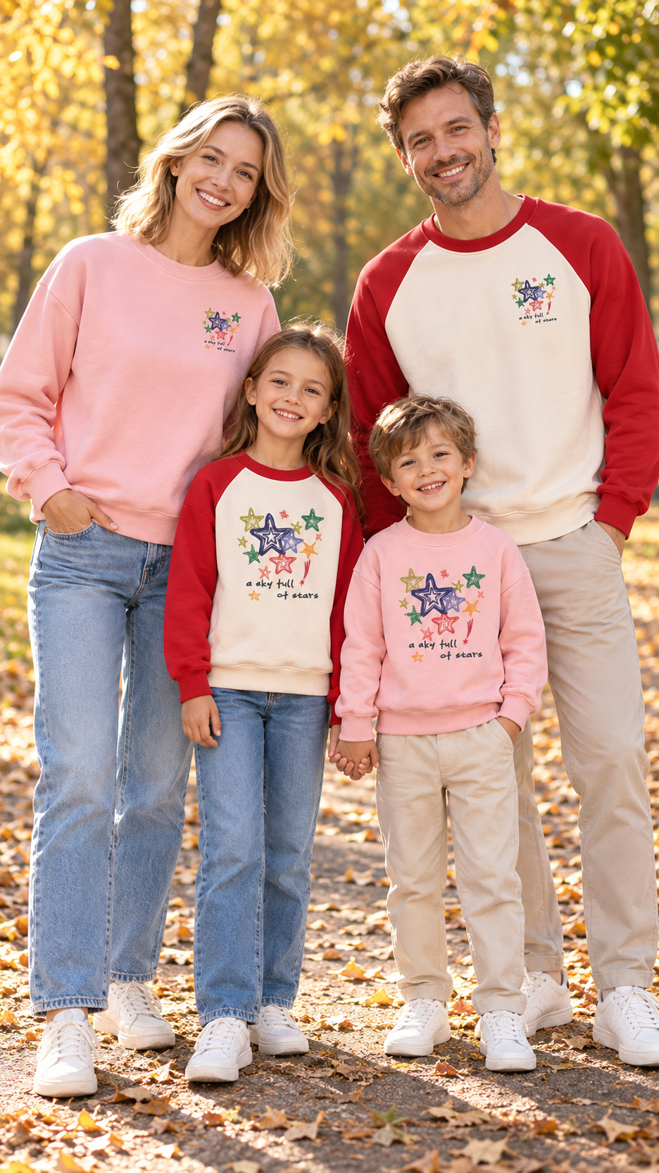Family in matching pink sweatshirts with a colorful cluster of hand-drawn stars on the chest.