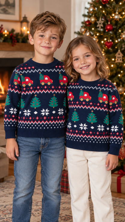 Brother and sister in matching dark blue Fair Isle Christmas sweaters with red trucks carrying trees by the Christmas tree.