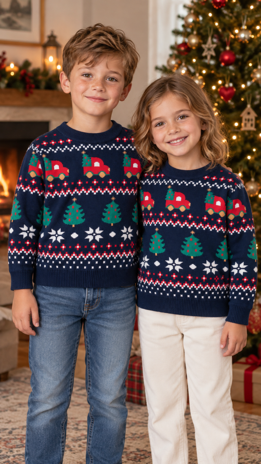 Brother and sister in matching dark blue Fair Isle Christmas sweaters with red trucks carrying trees by the Christmas tree.