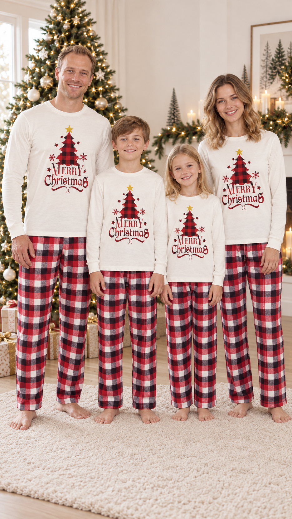 Family in matching ivory Christmas pajama tops with a buffalo plaid tree and MERRY Christmas lettering, worn with red and black plaid pants.