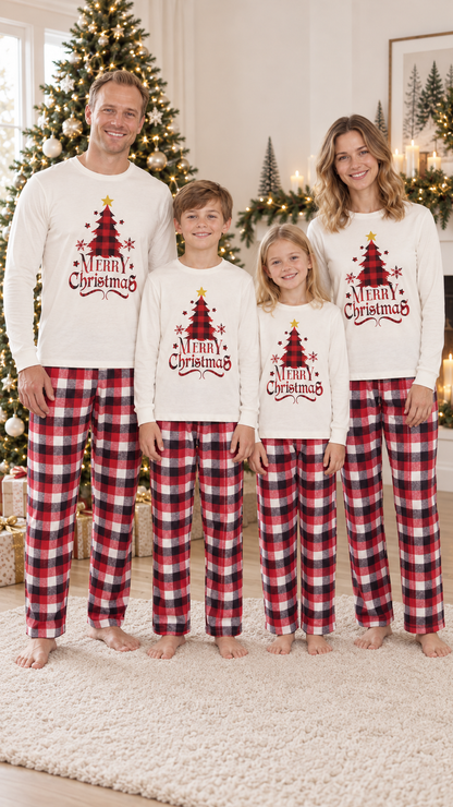Family in matching ivory Christmas pajama tops with a buffalo plaid tree and MERRY Christmas lettering, worn with red and black plaid pants.