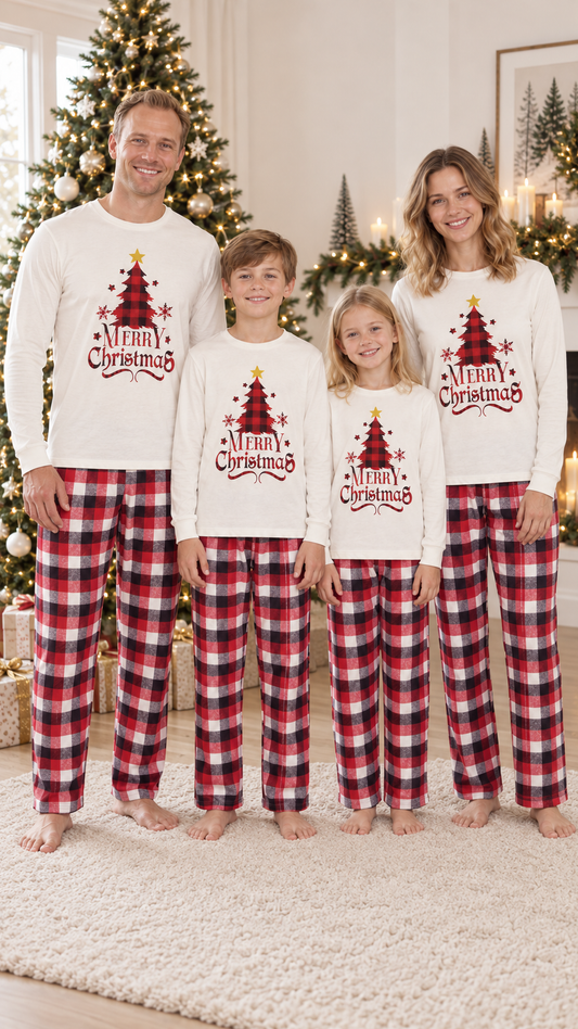 Family in matching ivory Christmas pajama tops with a buffalo plaid tree and MERRY Christmas lettering, worn with red and black plaid pants.