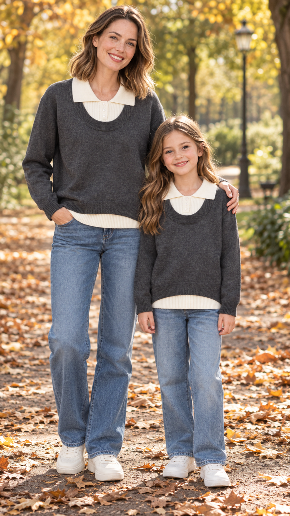 Mom and daughter in matching charcoal knit sweaters with cream collars.