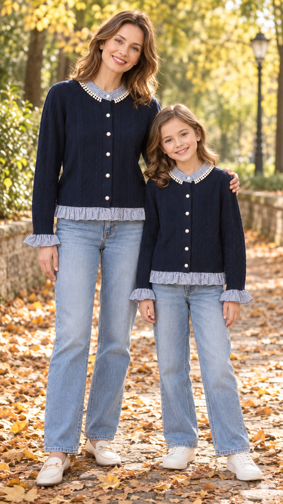 Maman et fille en cardigans torsadés assortis bleu marine, avec cols volantés à carreaux vichy et détails perlés.
