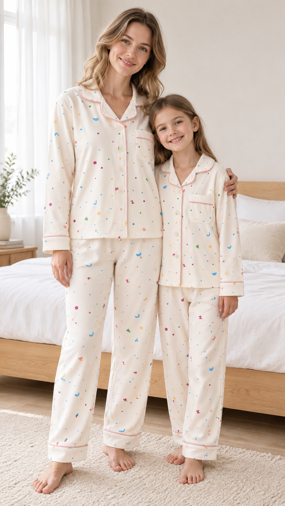 Mom and daughter in matching cream confetti-dot button-up velvet pajamas with pink piping.