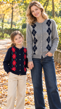 Mom and daughter in matching argyle wool cardigans with button fronts.