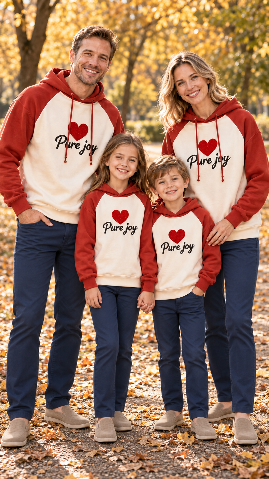 Family of four in matching cream hoodies with brick-red raglan sleeves and hoods, printed with a red heart and the words Pure joy.