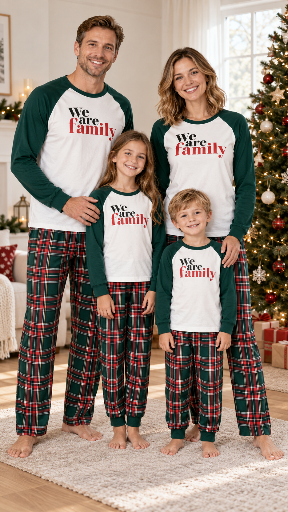 Family in matching white and green raglan We are Family pajama tops, worn with green and red plaid pants.