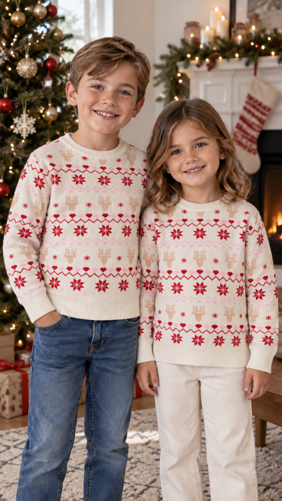 Brother and sister in matching cream Fair Isle Christmas sweaters with reindeer, red snowflakes and hearts by the Christmas tree.