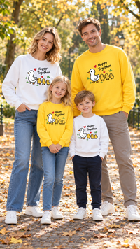 Family in matching duck print crewneck sweatshirts on the beach