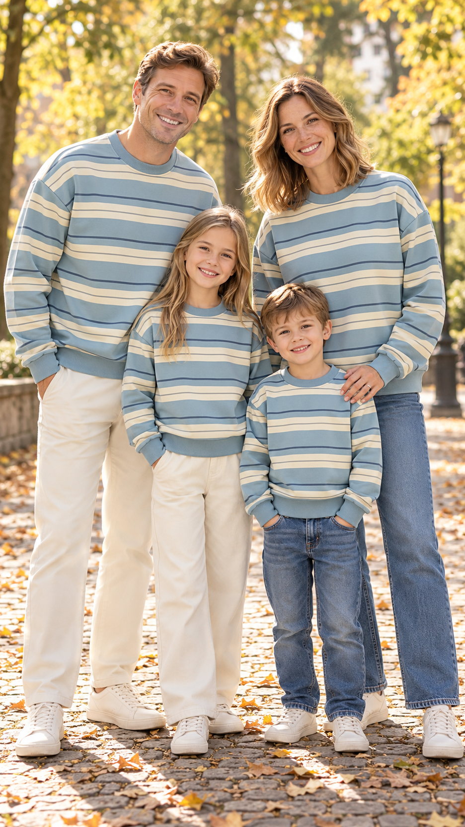 Family in matching sky blue and cream striped crewneck sweatshirts.