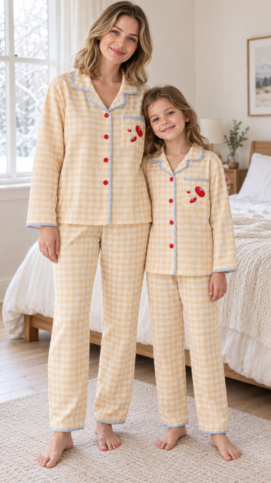 Mom and daughter in matching butter-yellow gingham button-up velvet pajamas with blue piping and a tomato pocket.