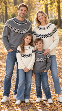 Family in matching cream and gray knit sweaters with a black and white Nordic patterned yoke.