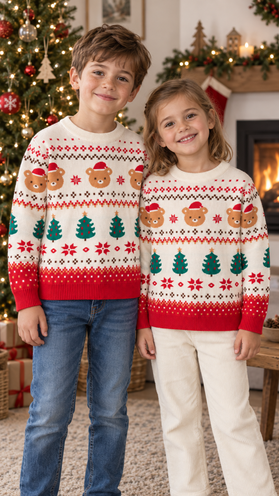Brother and sister in matching cream Fair Isle Christmas sweaters with teddy bears in Santa hats by the Christmas tree.