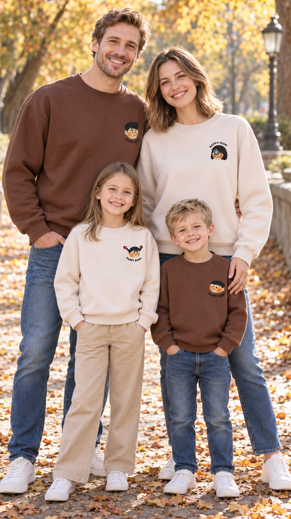 Brown adult crewneck sweatshirt with a small HAPPY DAD cartoon face hanging beside a cream child's sweatshirt with a pigtail HAPPY BABY face