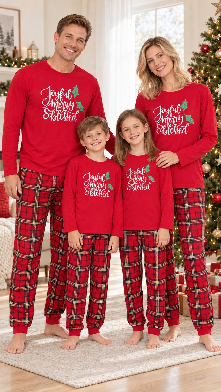 Rodina v ladících červených pyžamových topech s bílým nápisem Joyful Merry Blessed a červených kostkovaných kalhotách
