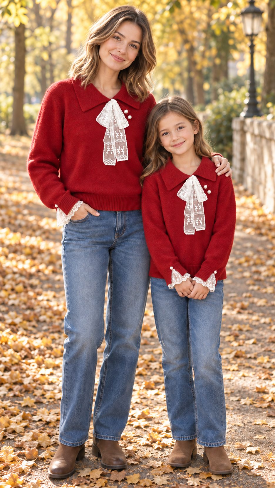 Maman et fille en pulls en tricot rouges assortis, avec des nœuds en dentelle blanche au col.