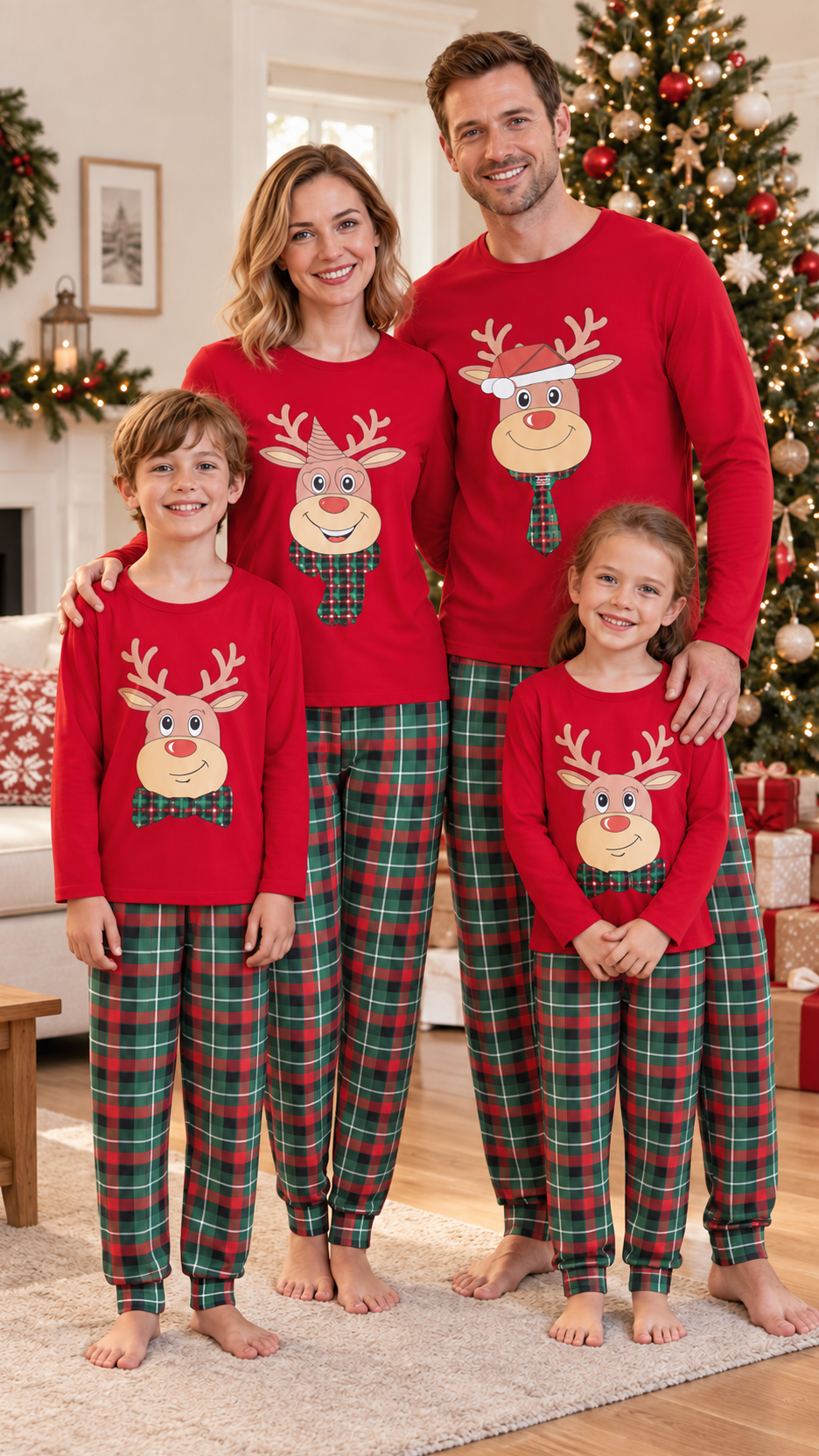 Family in matching red cartoon reindeer pajama tops, worn with red and green plaid pants.